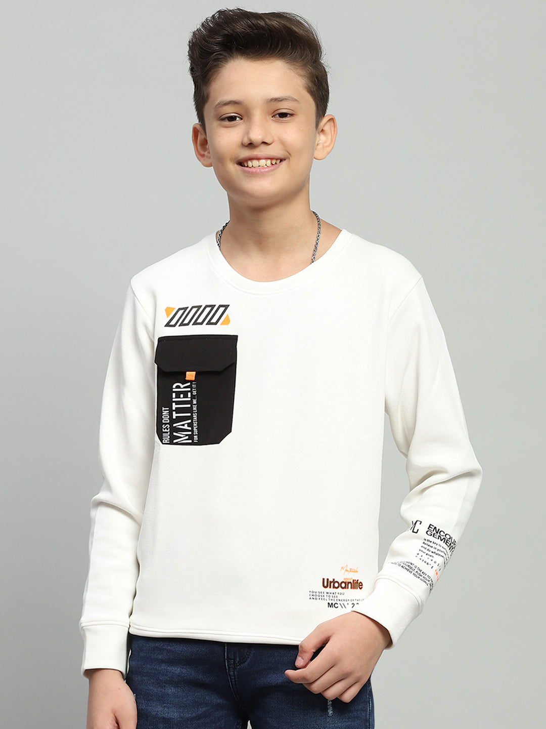 Boys White Printed Round Neck Full Sleeve Sweatshirt