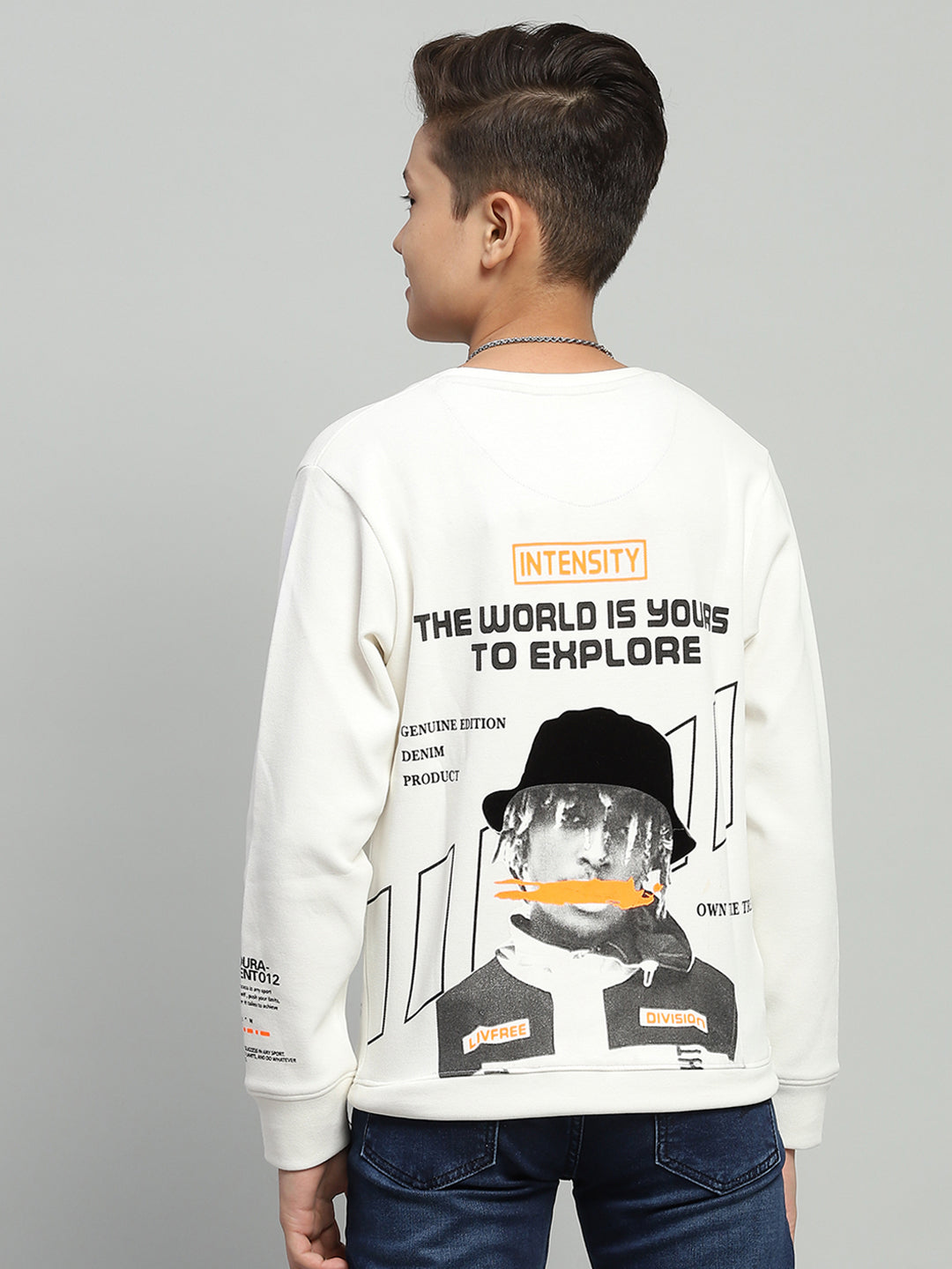 Boys White Printed Round Neck Full Sleeve Sweatshirt