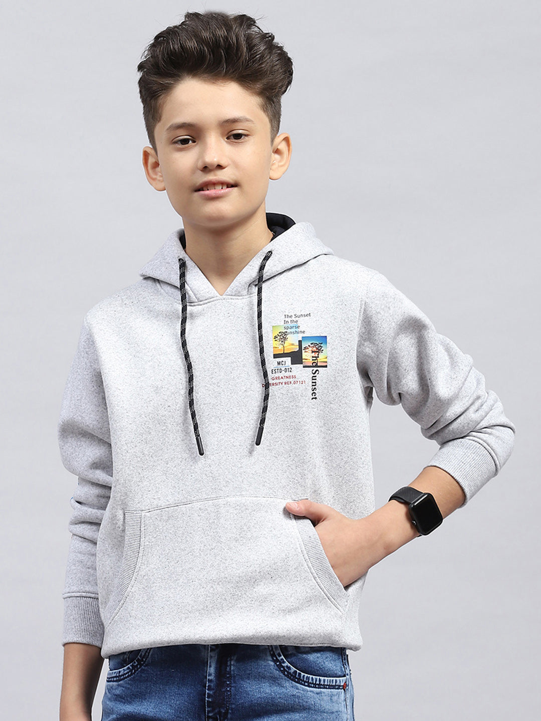 Boys Grey Printed Hooded Full Sleeve Sweatshirt