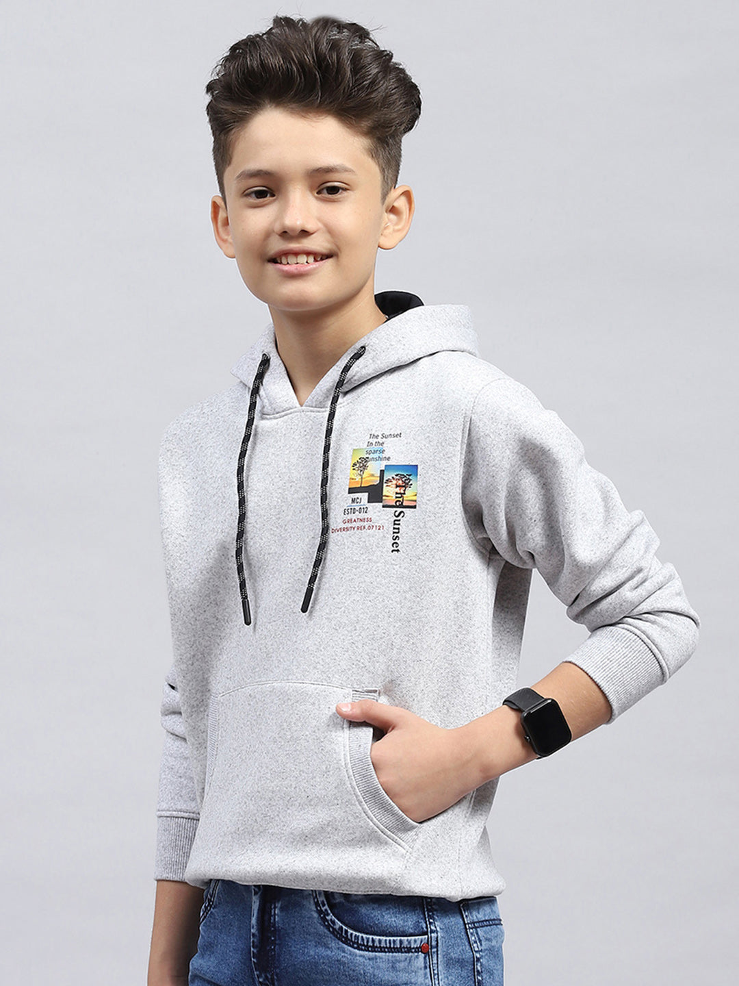 Boys Grey Printed Hooded Full Sleeve Sweatshirt