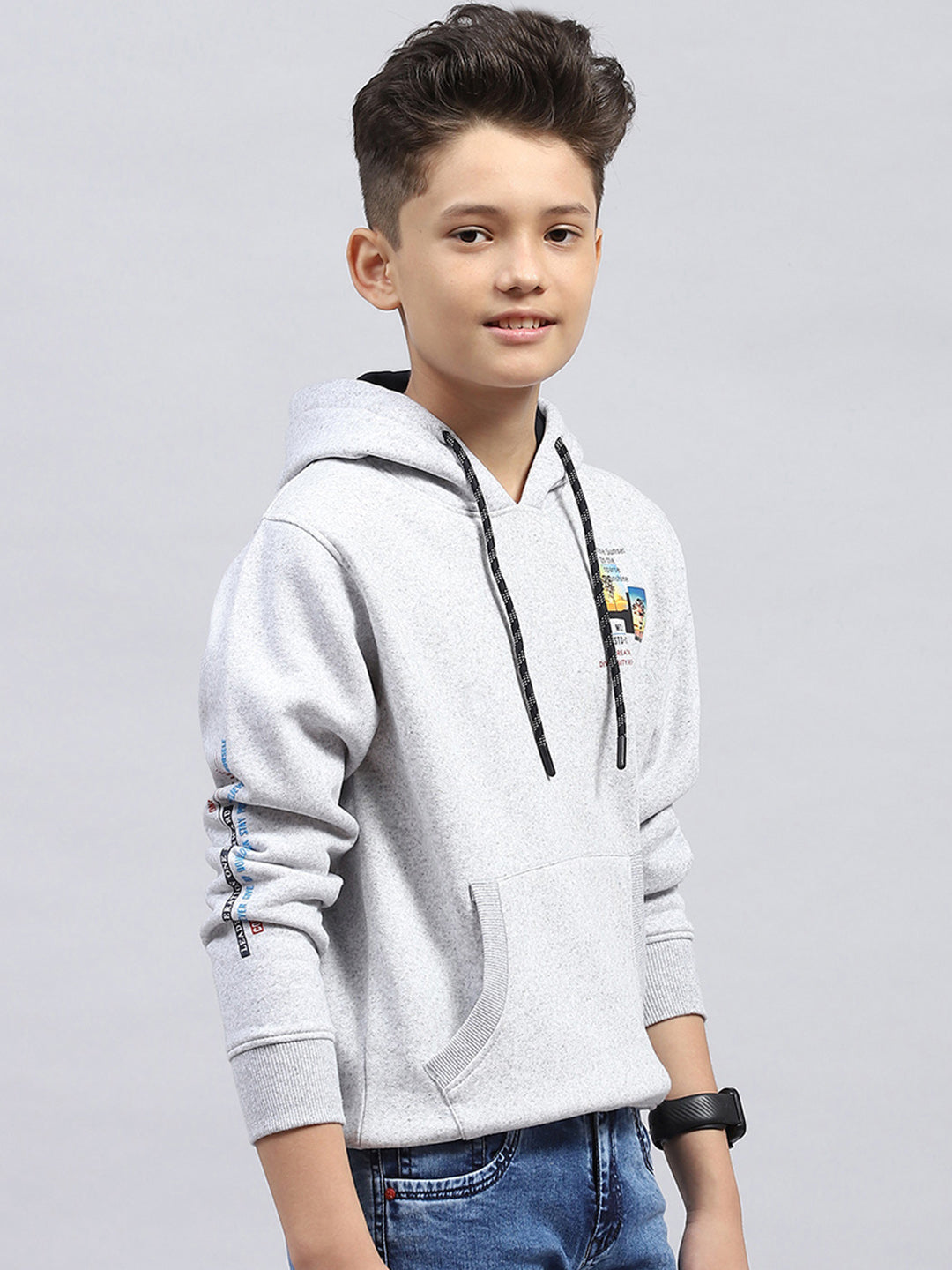 Boys Grey Printed Hooded Full Sleeve Sweatshirt