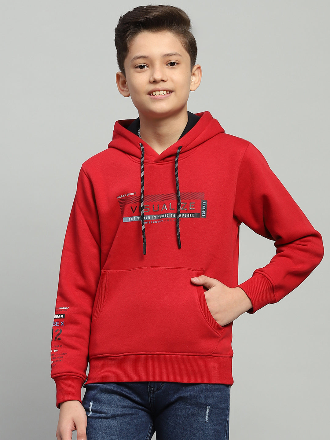 Boys Red Printed Hooded Full Sleeve Sweatshirt