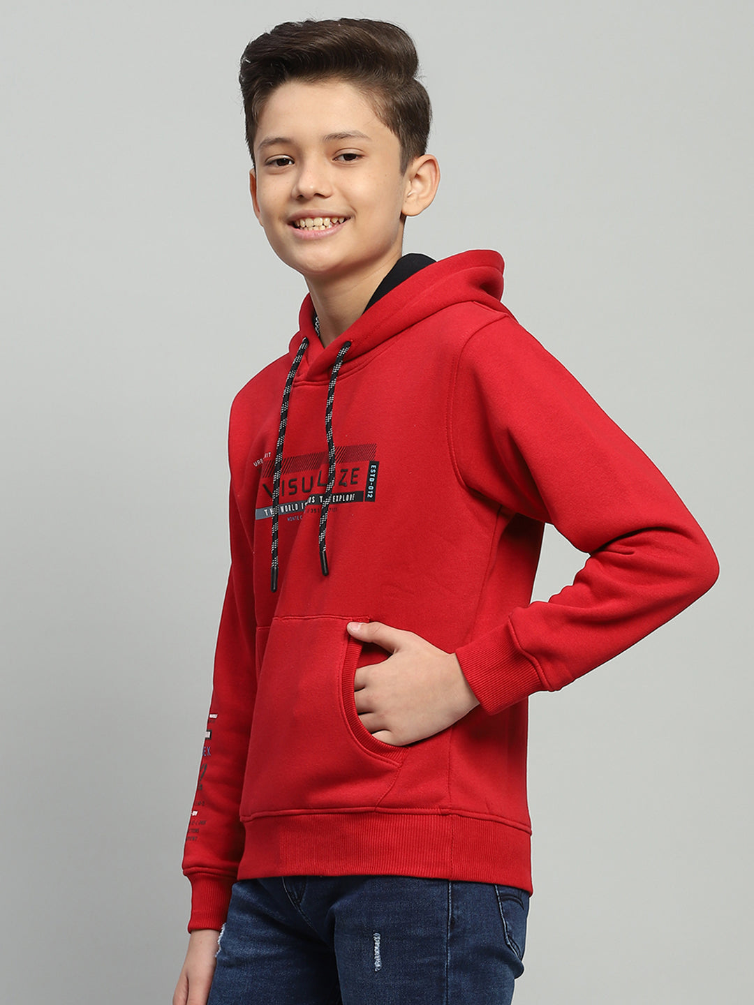 Boys Red Printed Hooded Full Sleeve Sweatshirt