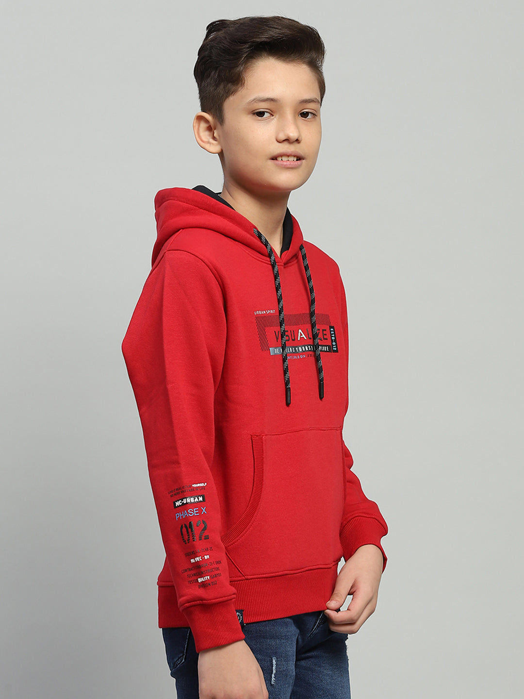 Boys Red Printed Hooded Full Sleeve Sweatshirt