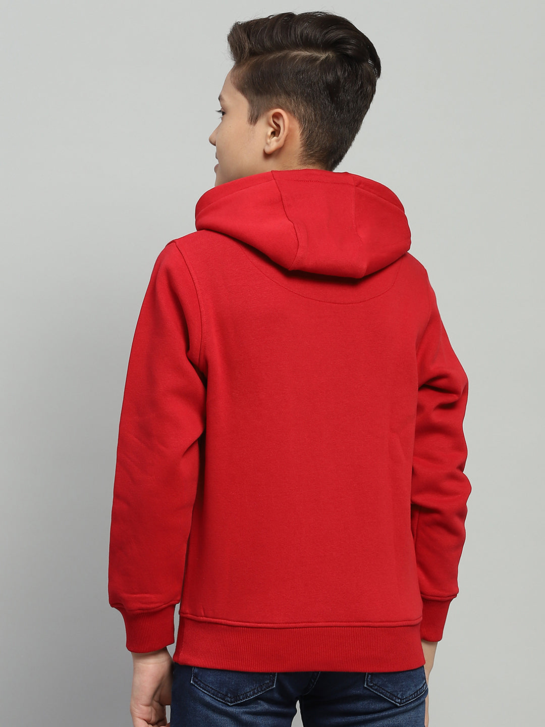 Boys Red Printed Hooded Full Sleeve Sweatshirt