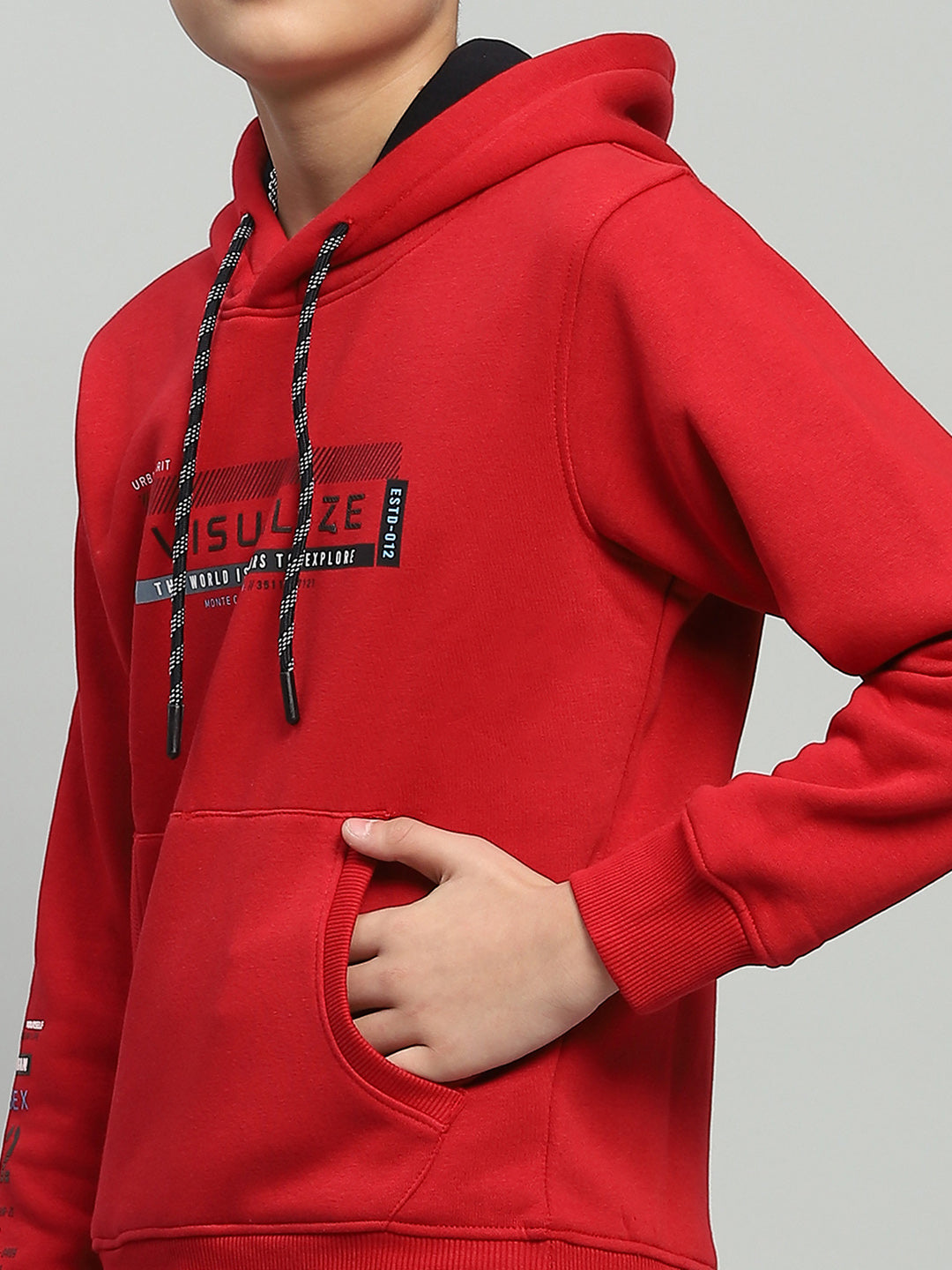 Boys Red Printed Hooded Full Sleeve Sweatshirt