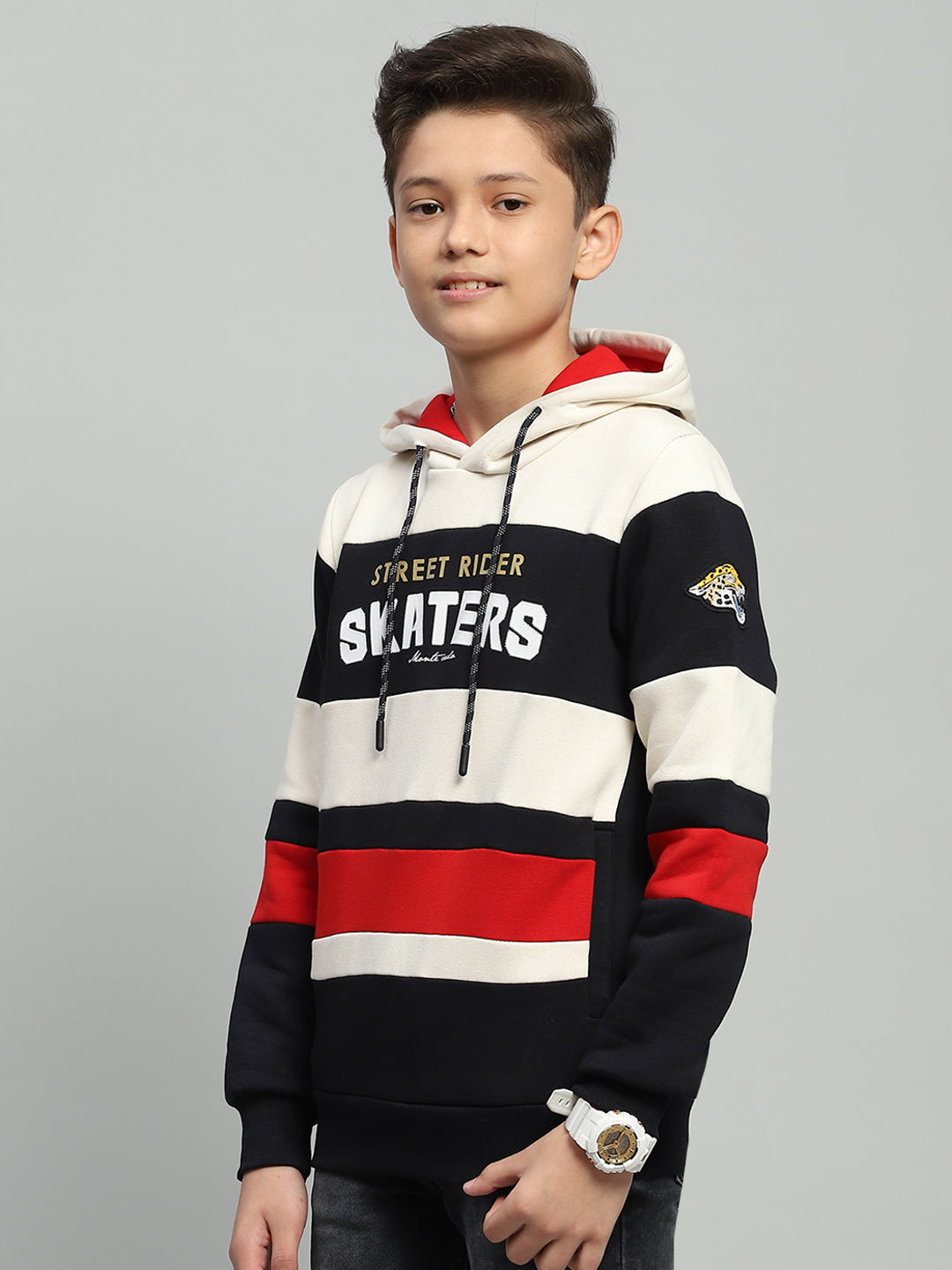 Boys Navy Blue & White Printed Hooded Full Sleeve Sweatshirt