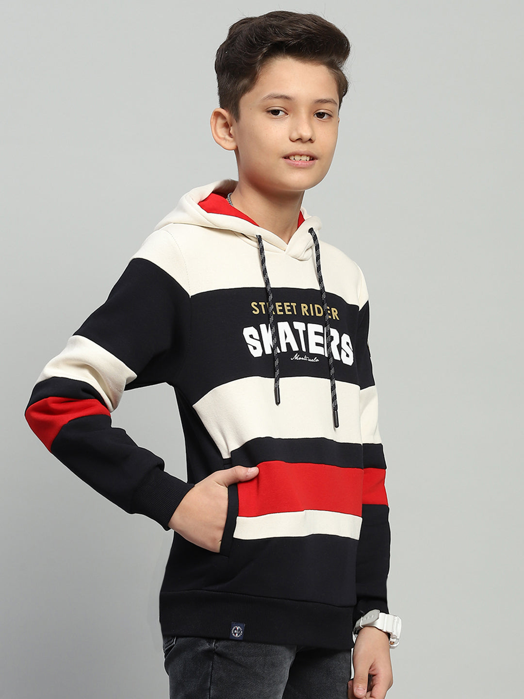 Boys Navy Blue & White Printed Hooded Full Sleeve Sweatshirt