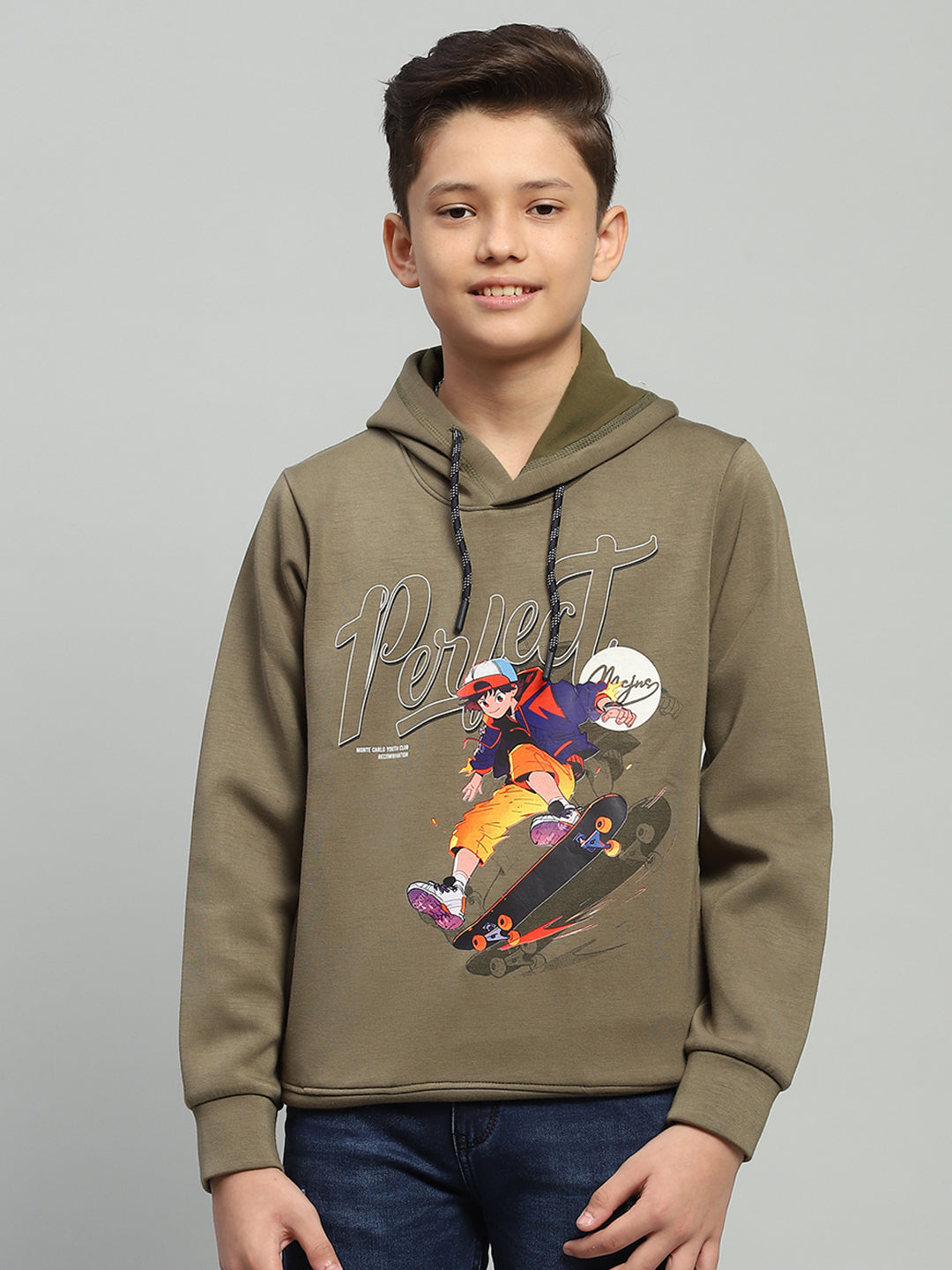 Boys Olive Printed Hooded Full Sleeve Sweatshirt