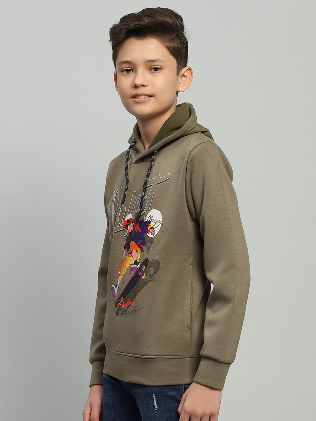 Boys Olive Printed Hooded Full Sleeve Sweatshirt