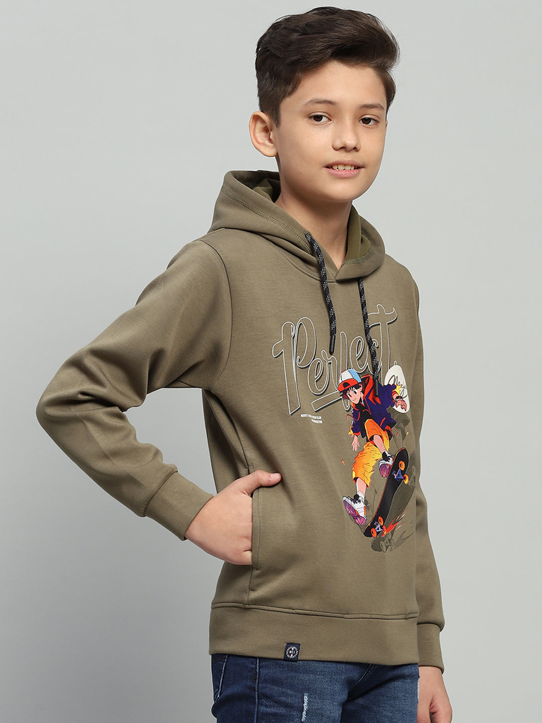 Boys Olive Printed Hooded Full Sleeve Sweatshirt