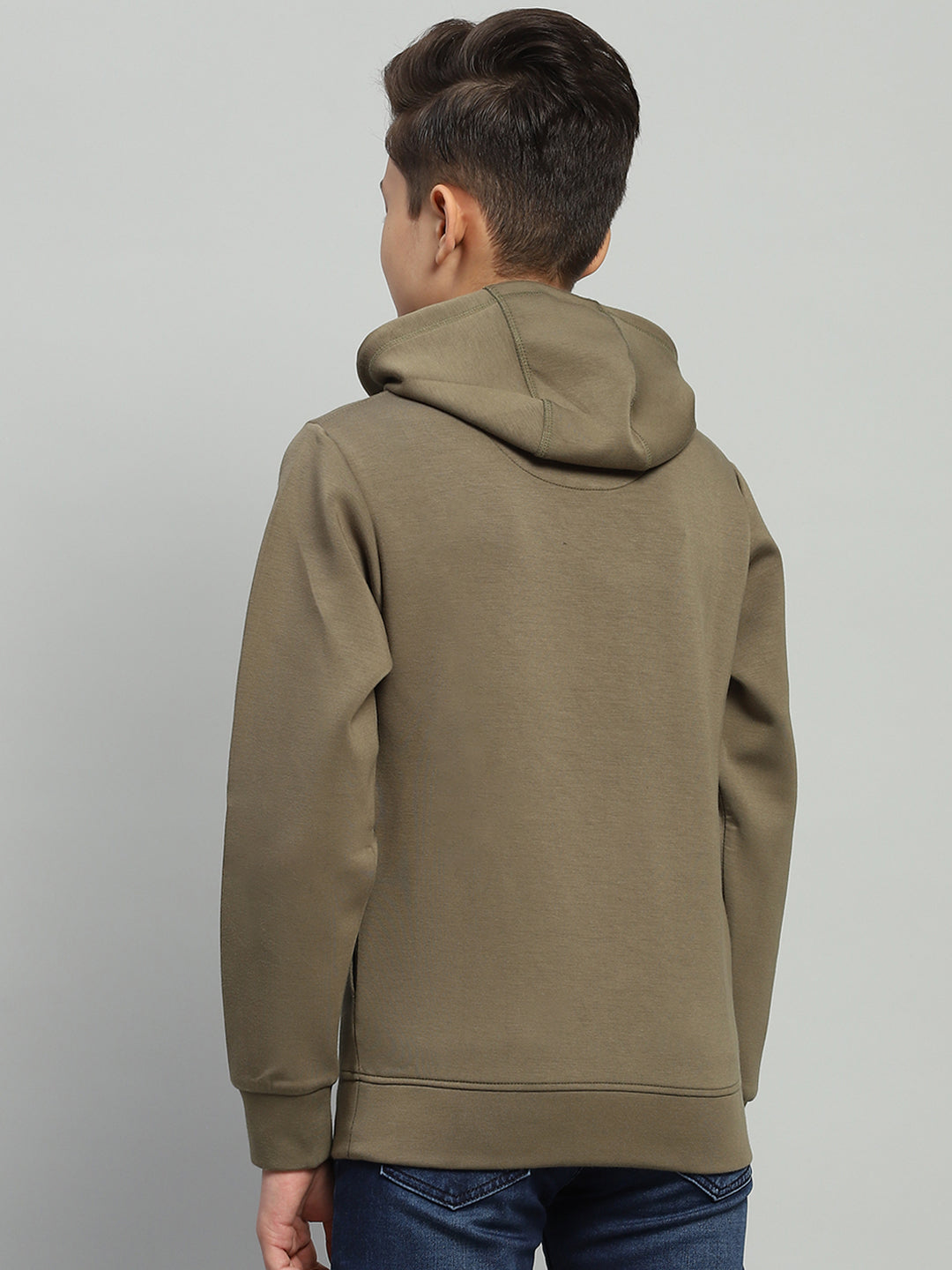 Boys Olive Printed Hooded Full Sleeve Sweatshirt