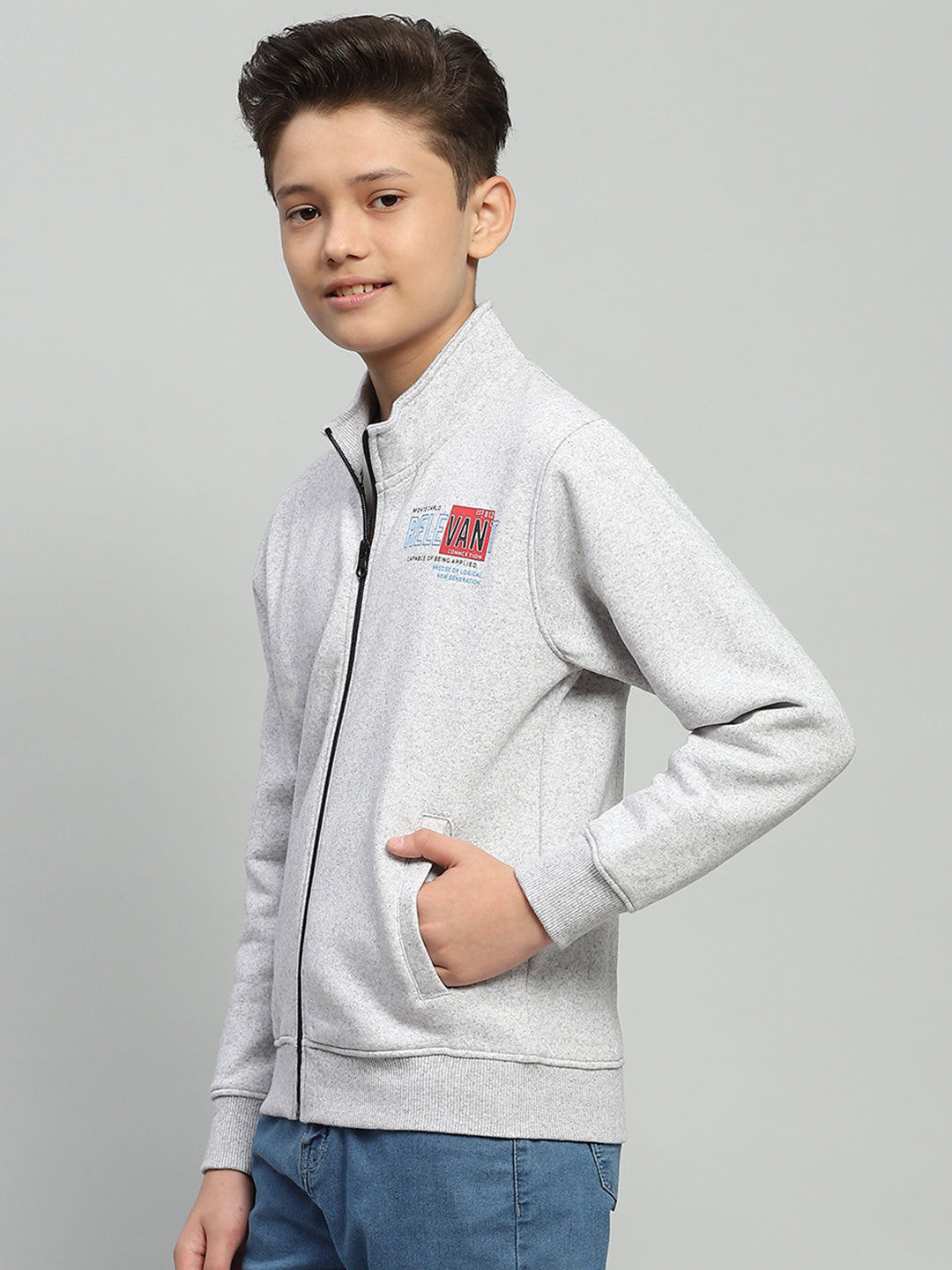 Boys Grey Printed Mock Neck Full Sleeve Sweatshirt