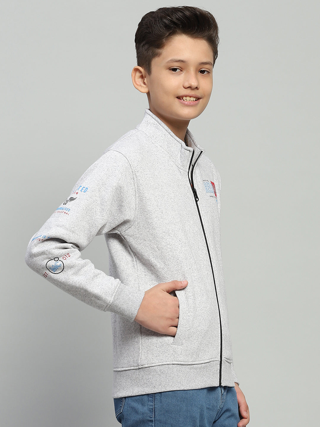 Boys Grey Printed Mock Neck Full Sleeve Sweatshirt