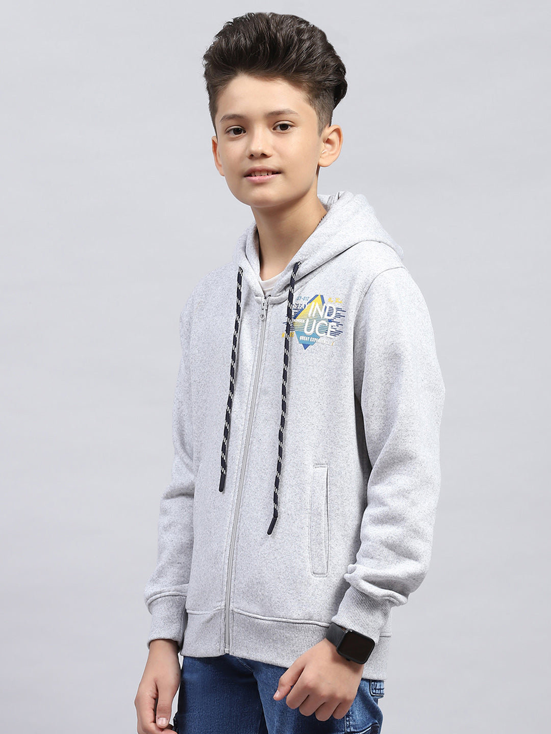 Boys Grey Printed Hooded Full Sleeve Sweatshirt