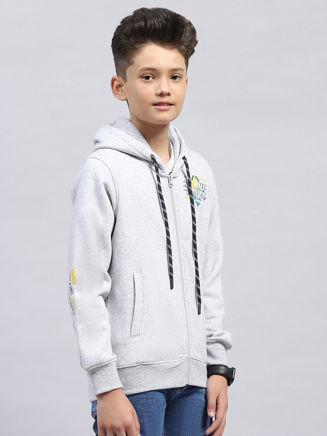 Boys Grey Printed Hooded Full Sleeve Sweatshirt