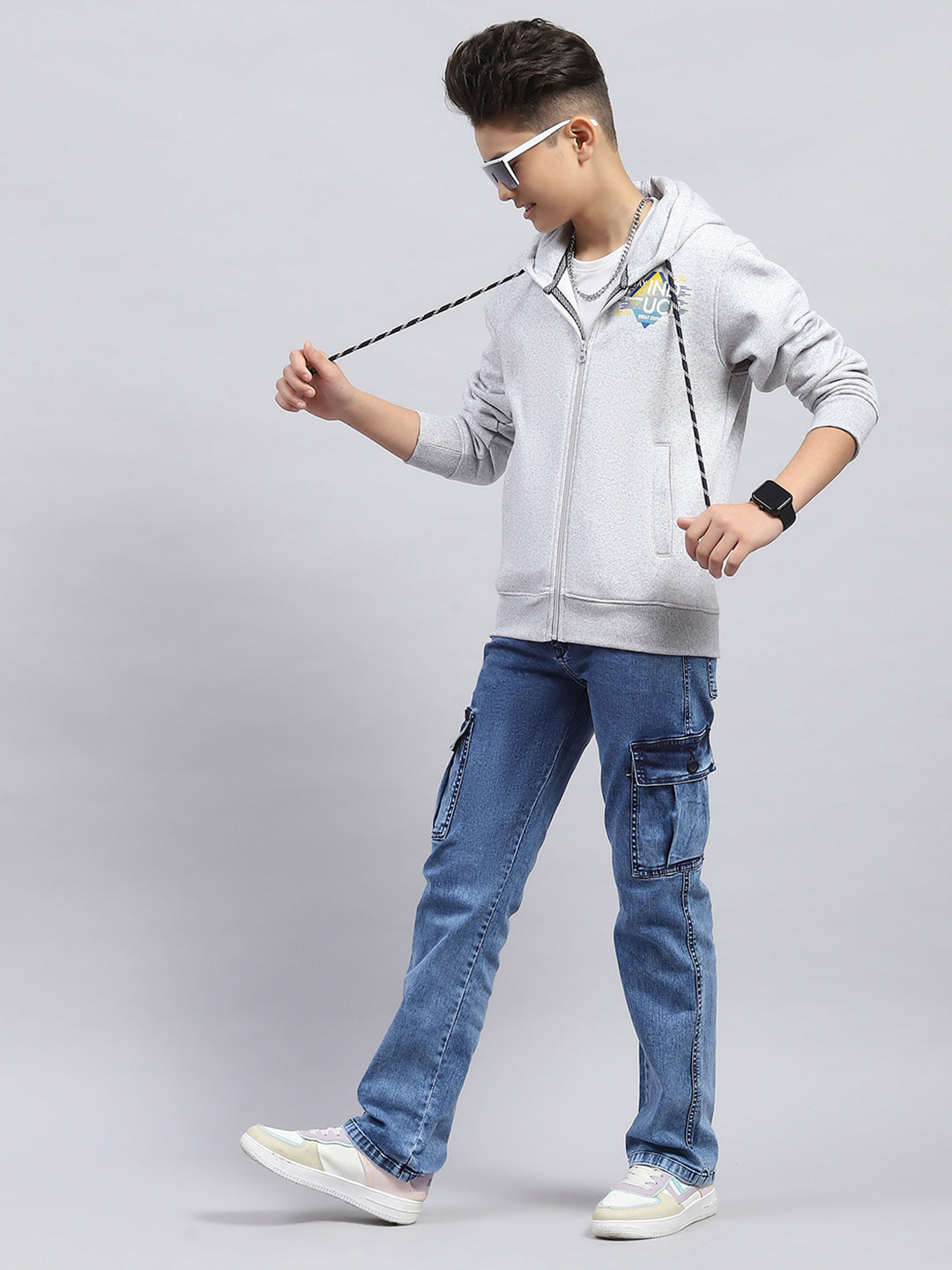 Boys Grey Printed Hooded Full Sleeve Sweatshirt