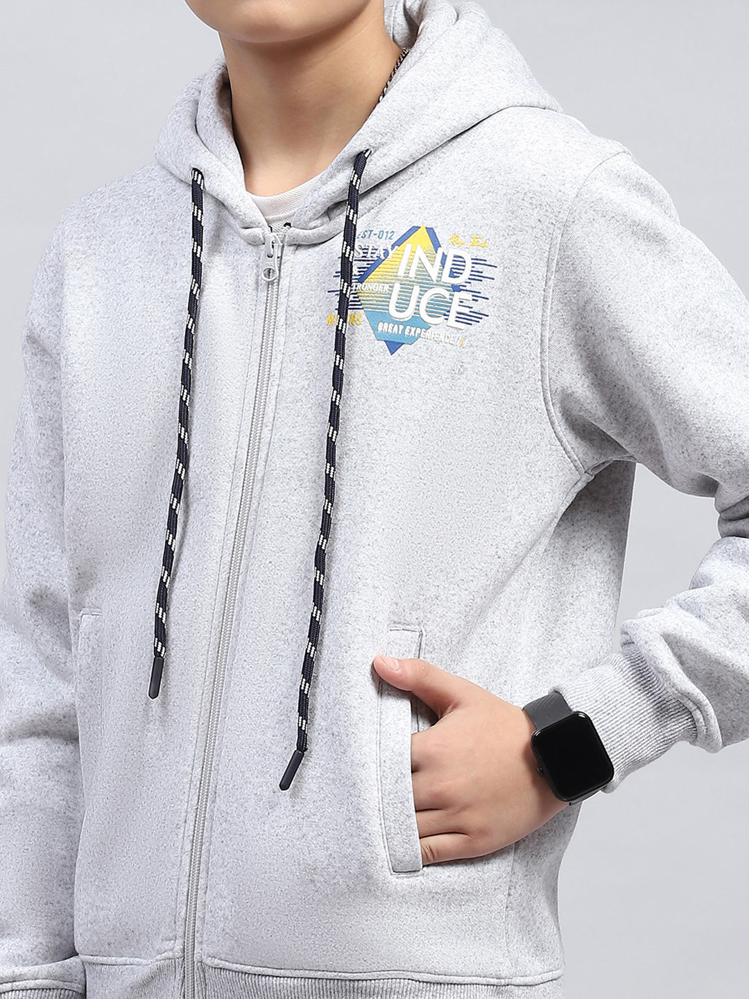 Boys Grey Printed Hooded Full Sleeve Sweatshirt