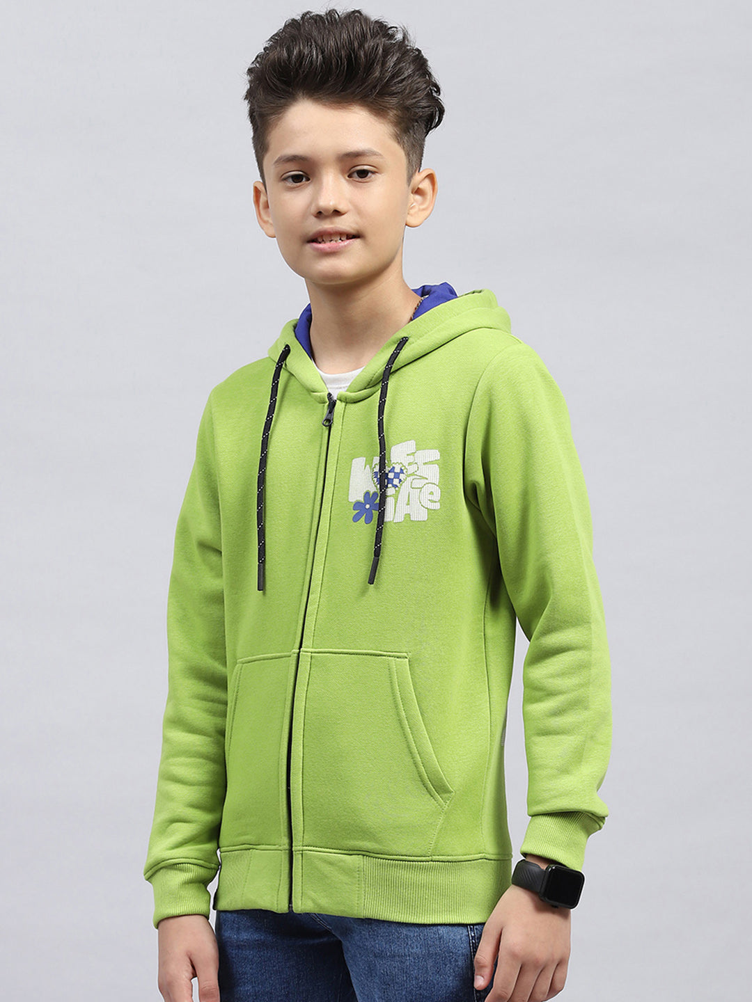 Boys Green Printed Hooded Full Sleeve Sweatshirt