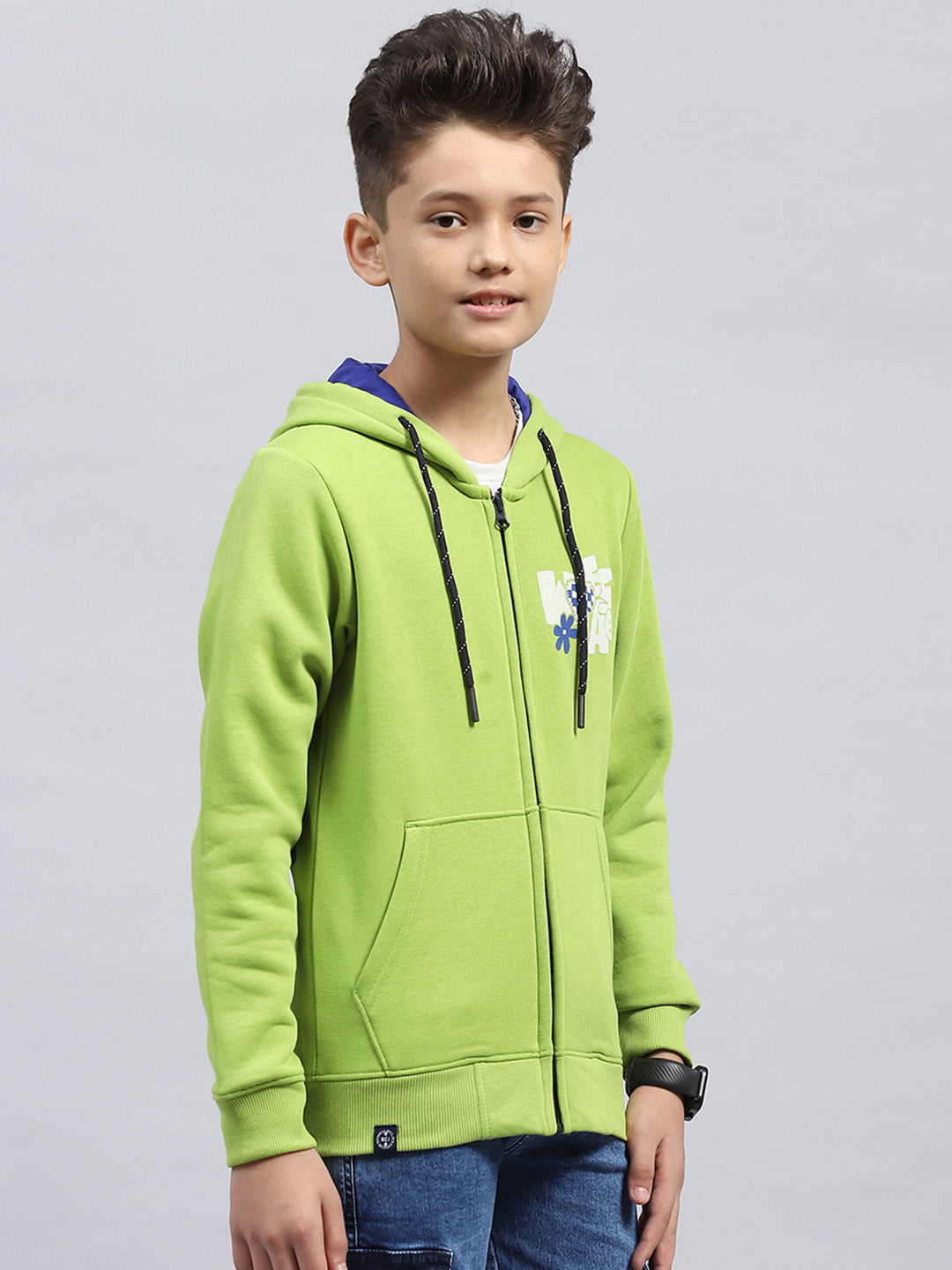 Boys Green Printed Hooded Full Sleeve Sweatshirt