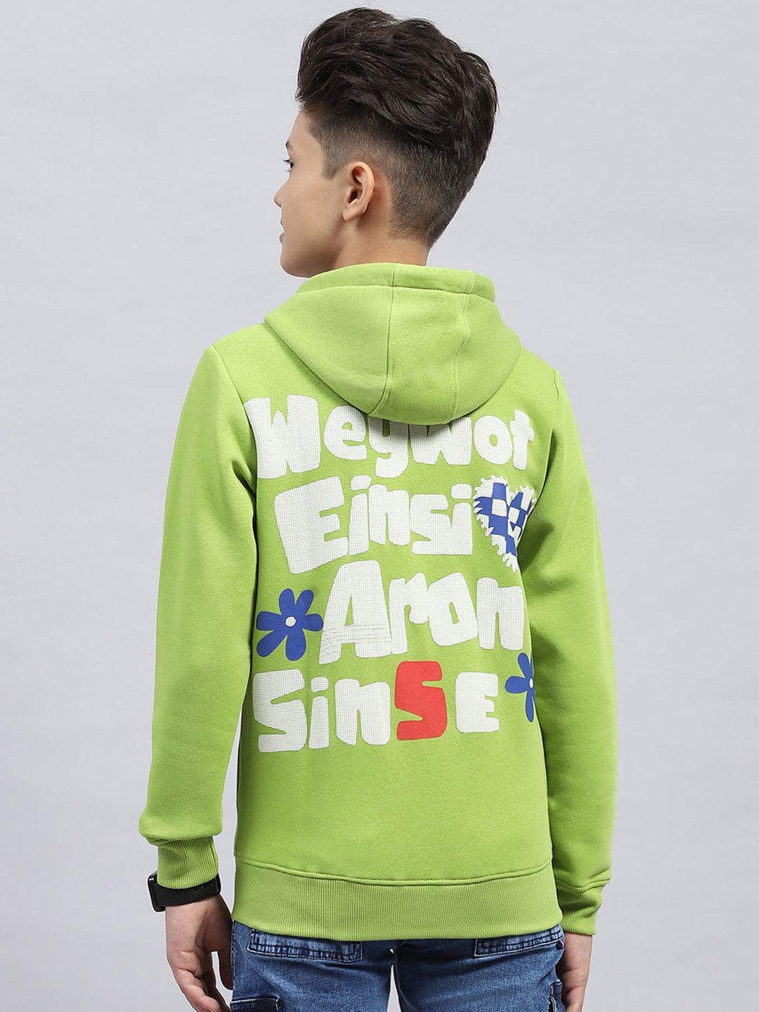 Boys Green Printed Hooded Full Sleeve Sweatshirt