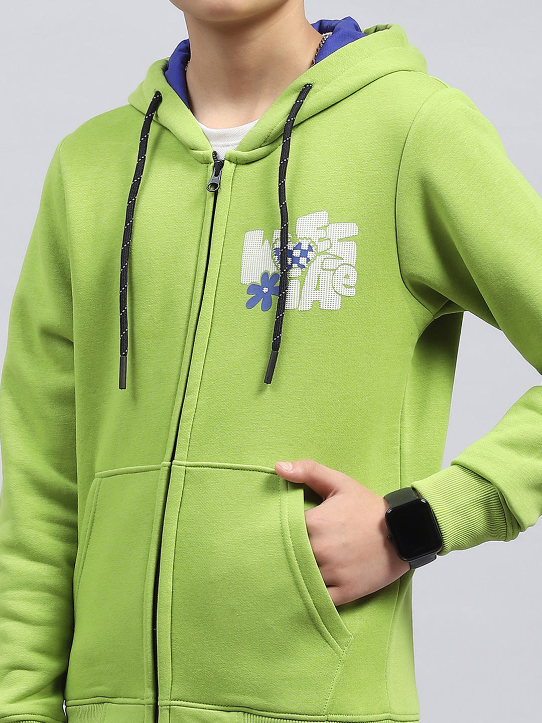 Boys Green Printed Hooded Full Sleeve Sweatshirt