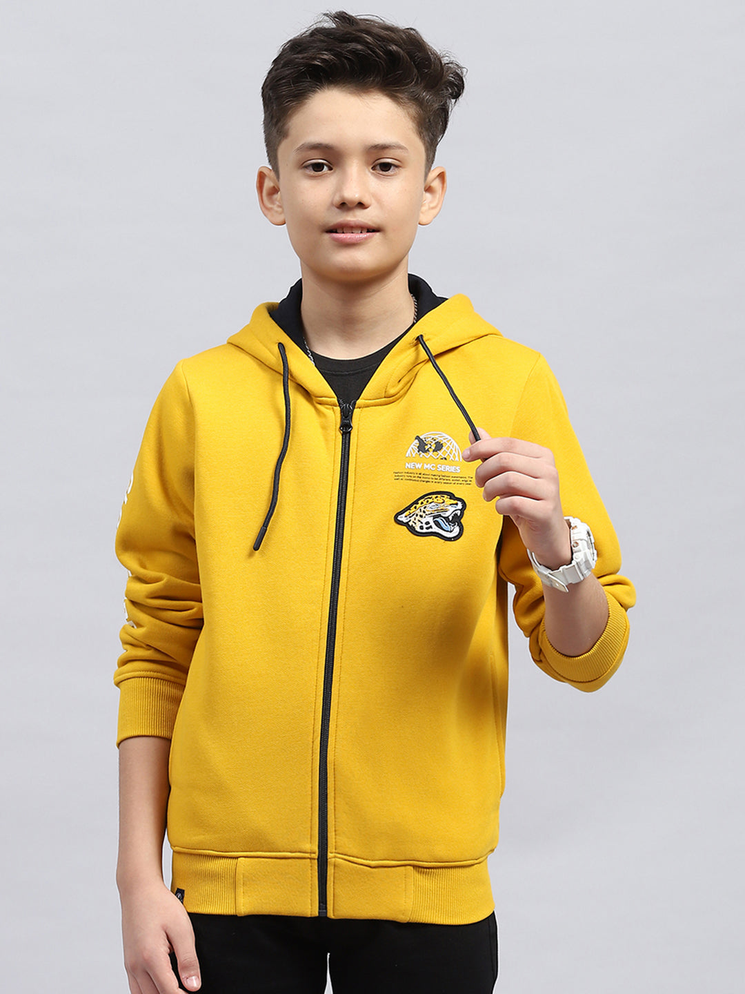 Boys Mustard Printed Hooded Full Sleeve Sweatshirt