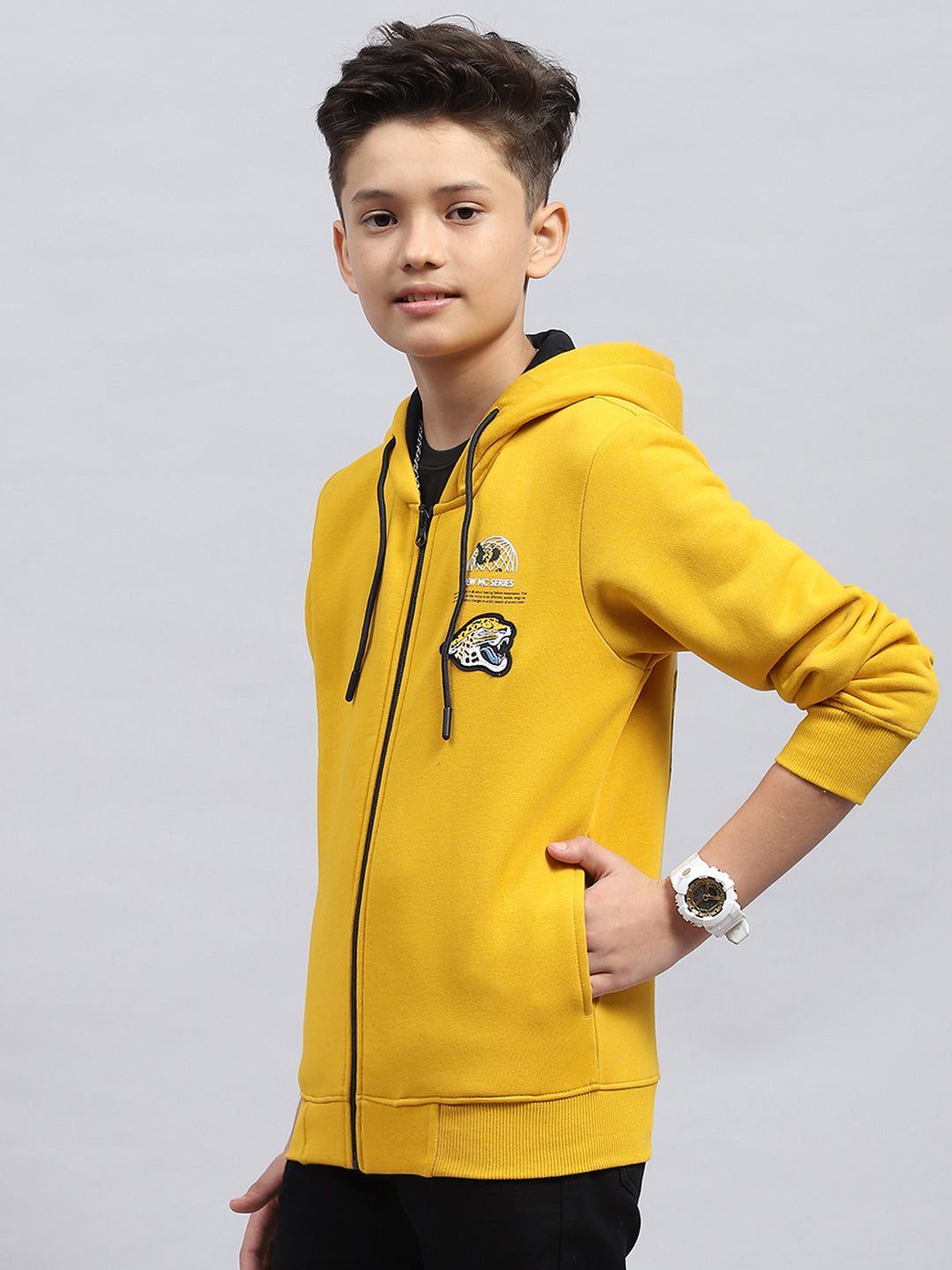 Boys Mustard Printed Hooded Full Sleeve Sweatshirt