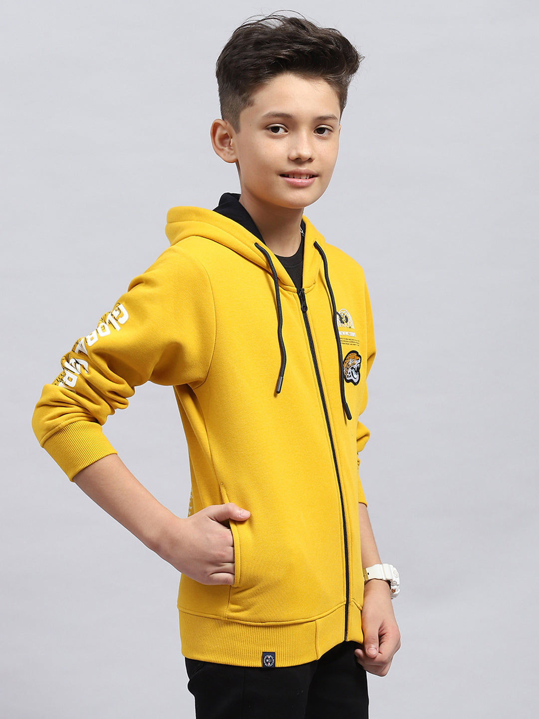 Boys Mustard Printed Hooded Full Sleeve Sweatshirt