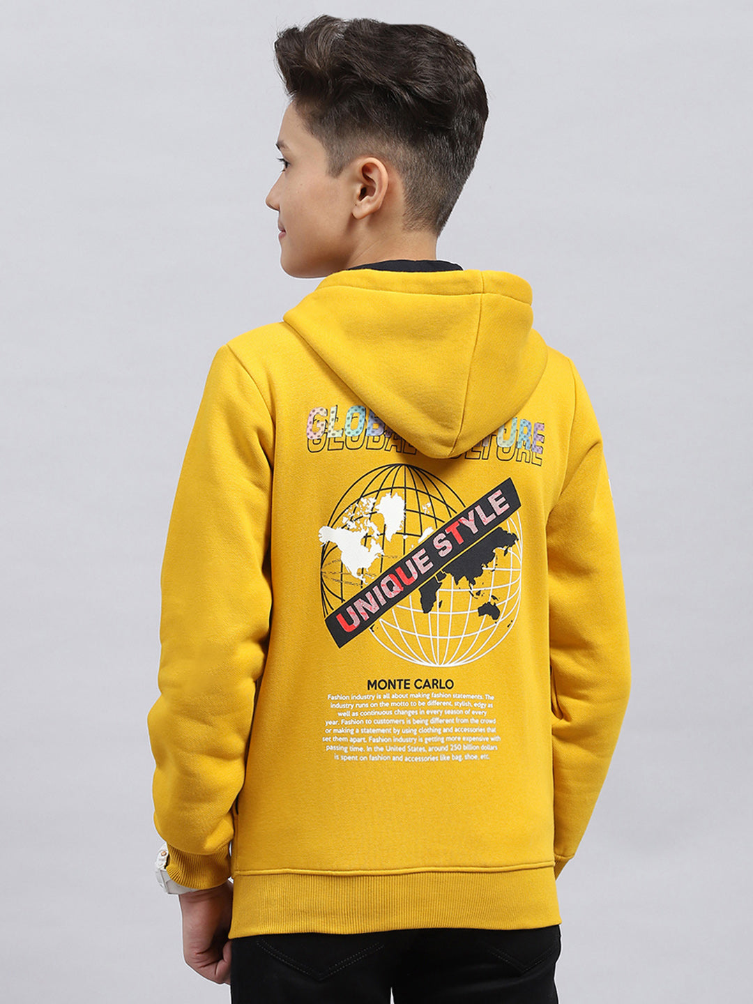 Boys Mustard Printed Hooded Full Sleeve Sweatshirt