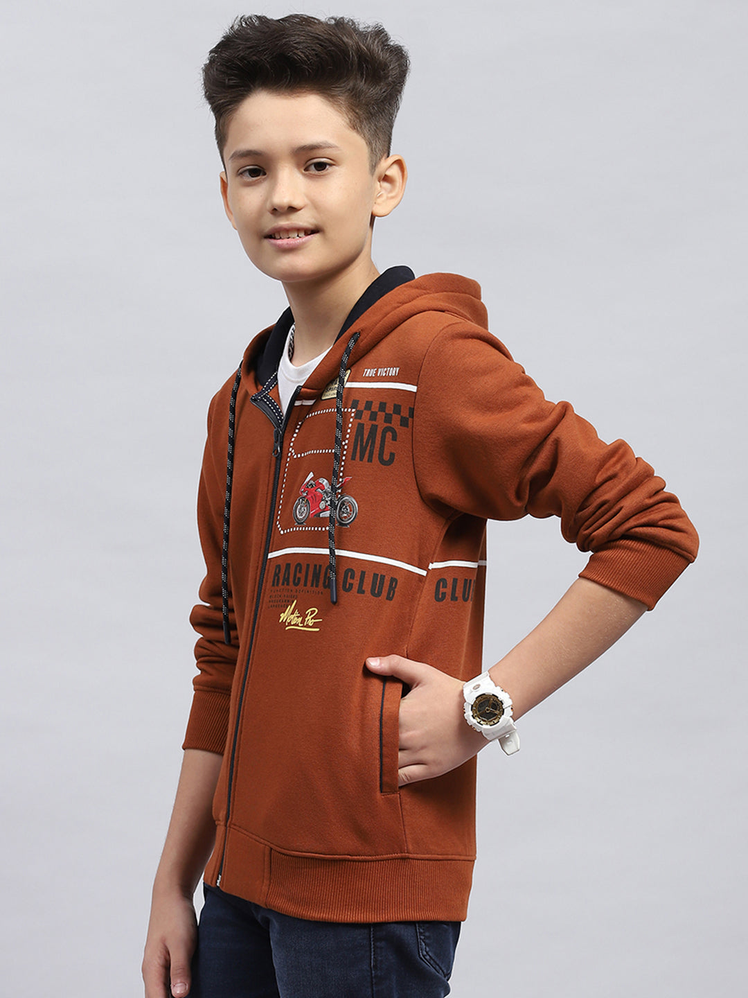 Boys Rust Printed Hooded Full Sleeve Sweatshirt