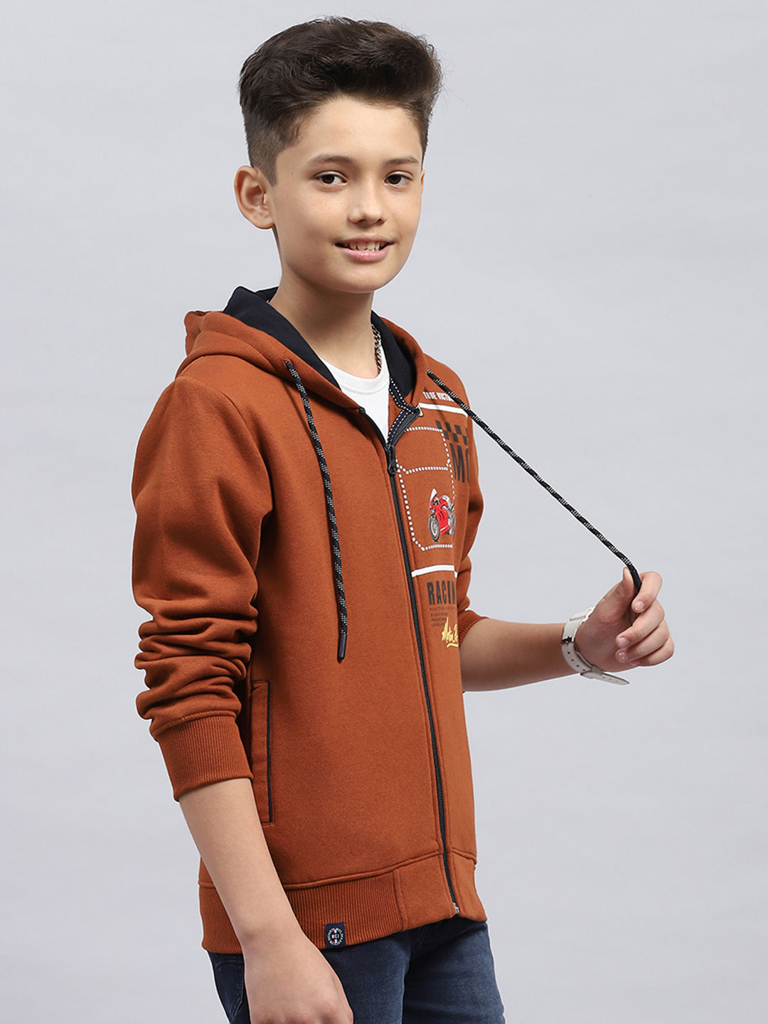 Boys Rust Printed Hooded Full Sleeve Sweatshirt