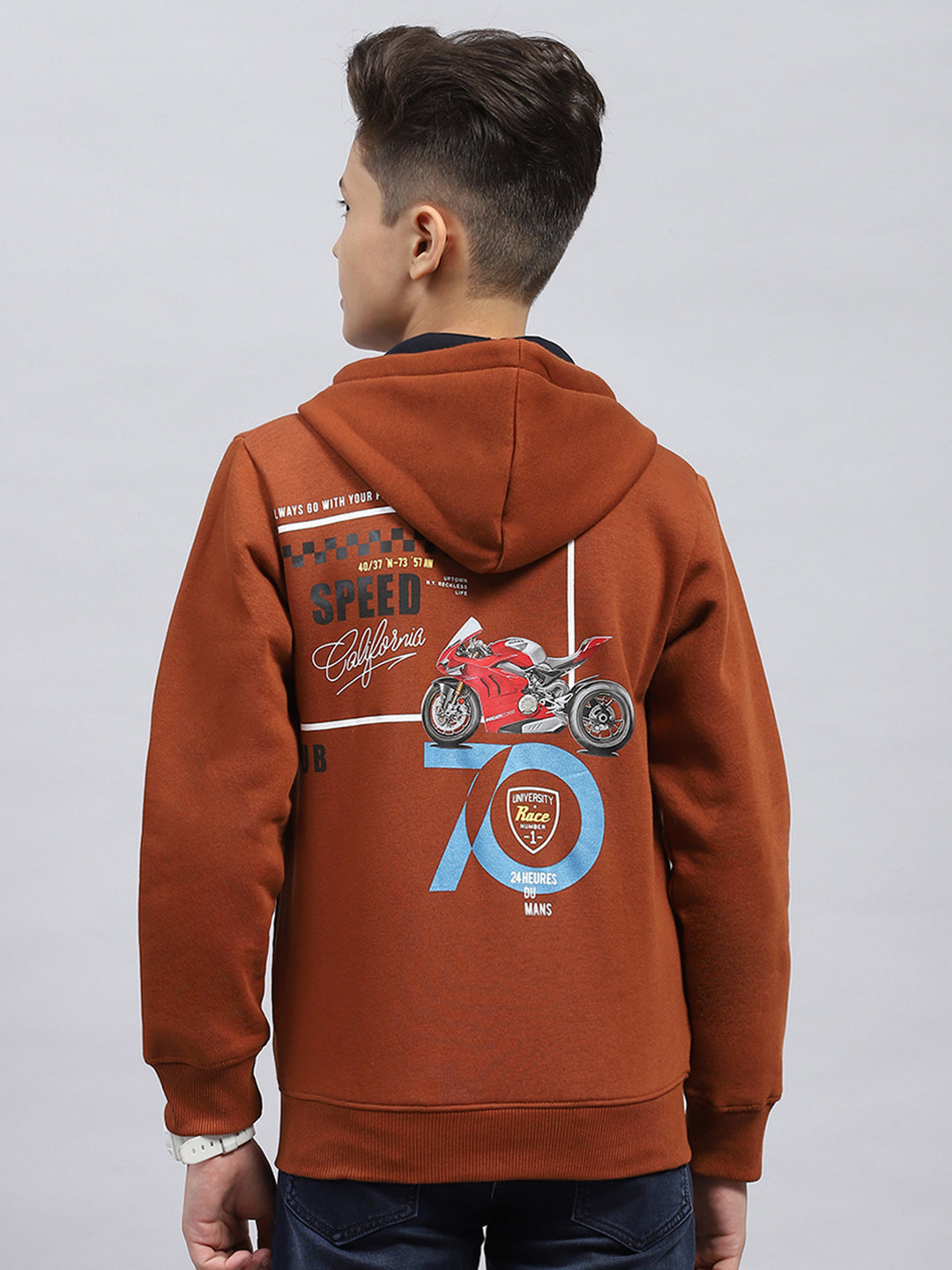 Boys Rust Printed Hooded Full Sleeve Sweatshirt