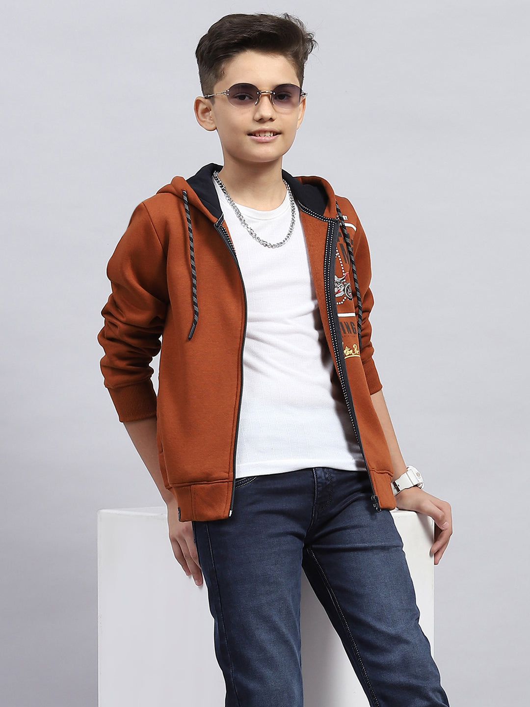 Boys Rust Printed Hooded Full Sleeve Sweatshirt