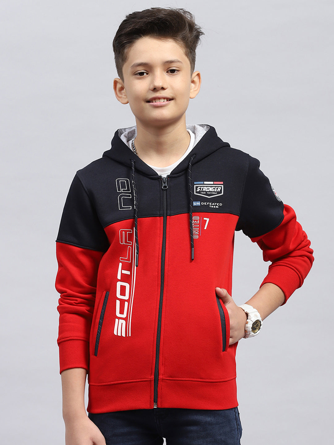 Boys Red Printed Hooded Full Sleeve Sweatshirt