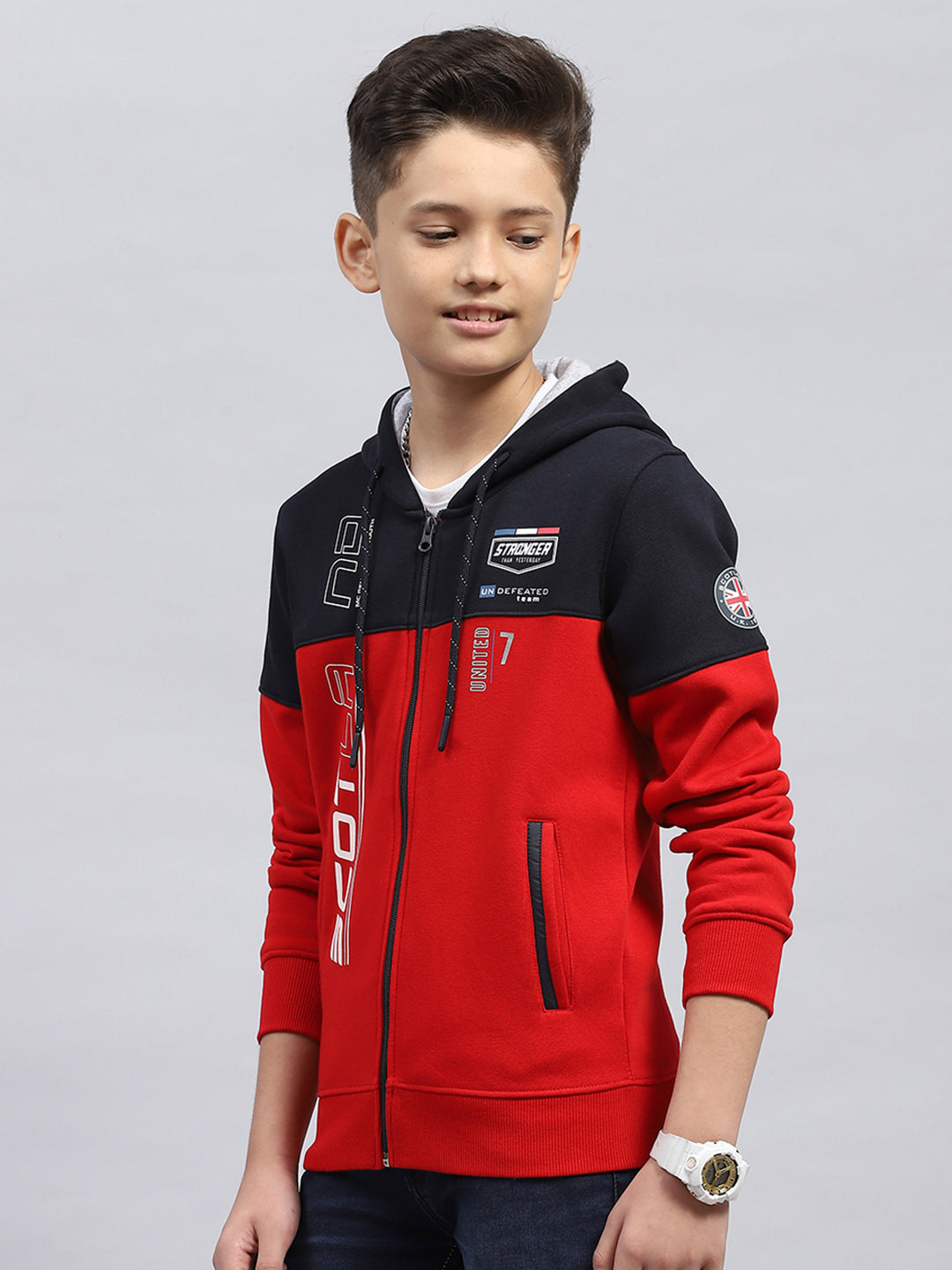 Boys Red Printed Hooded Full Sleeve Sweatshirt