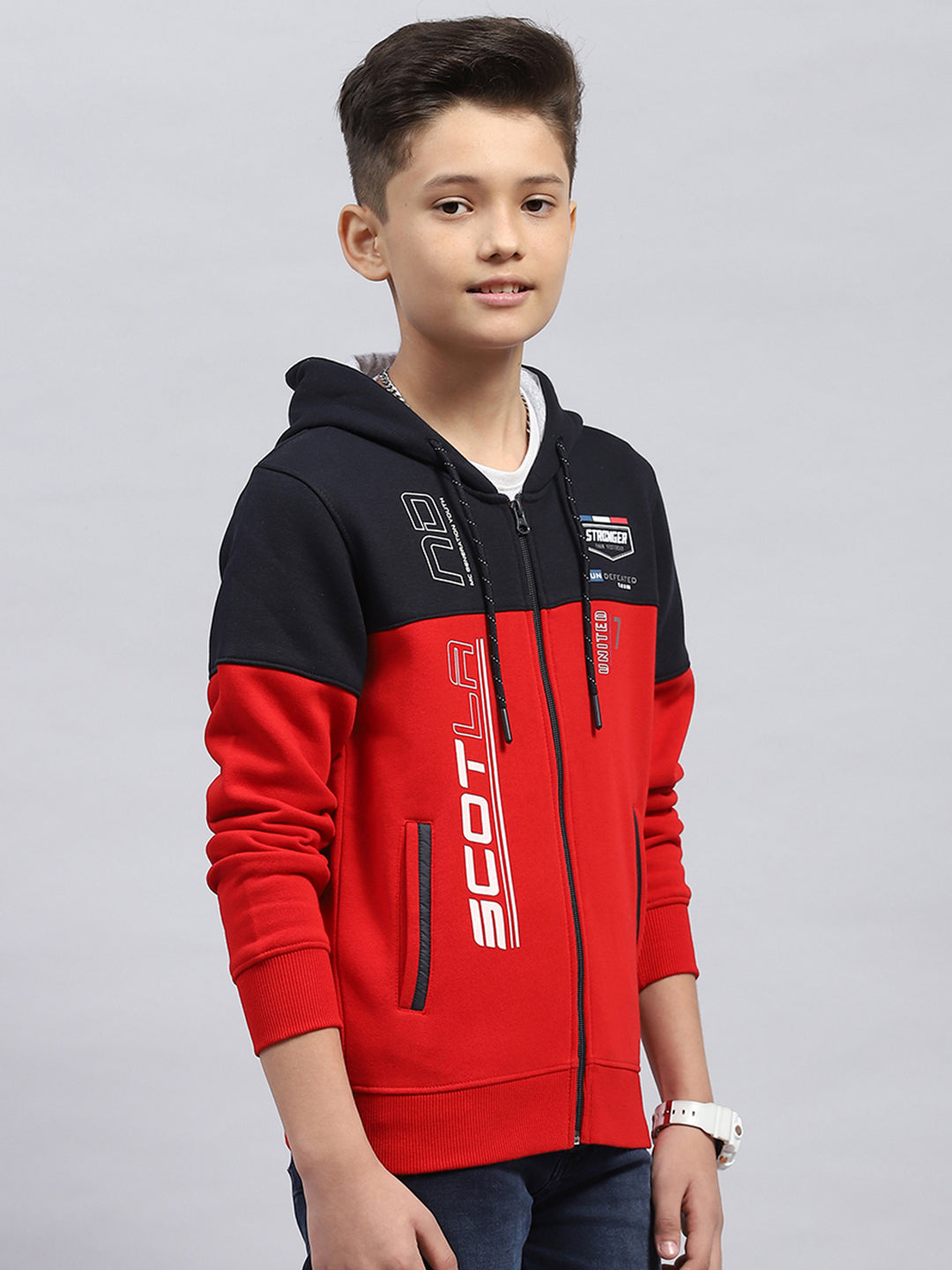 Boys Red Printed Hooded Full Sleeve Sweatshirt