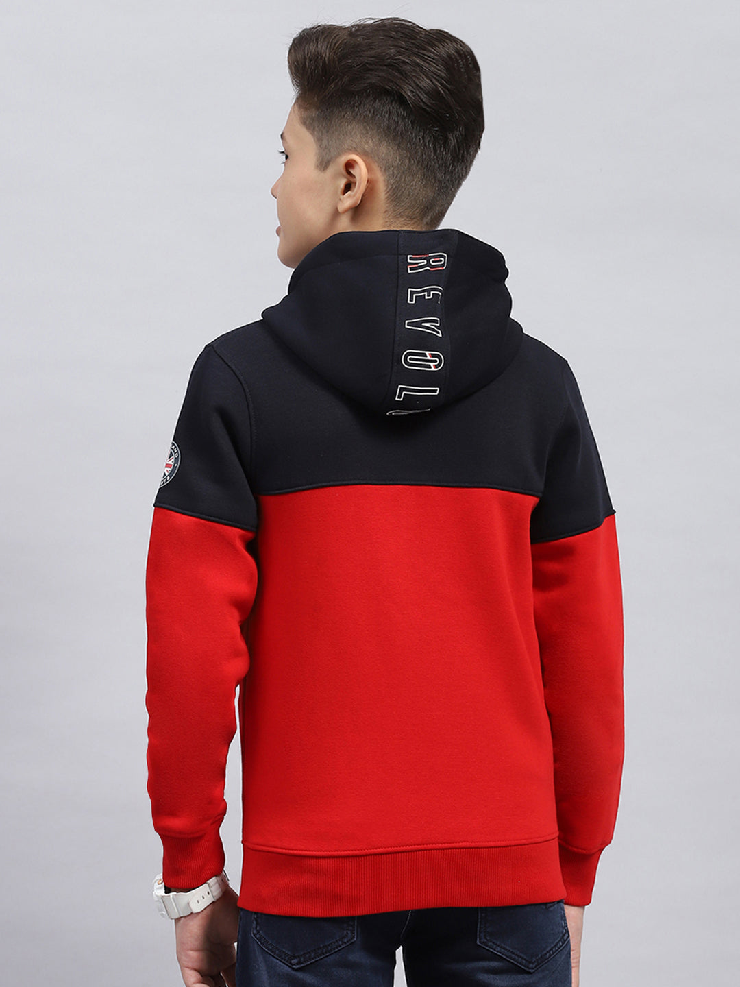 Boys Red Printed Hooded Full Sleeve Sweatshirt