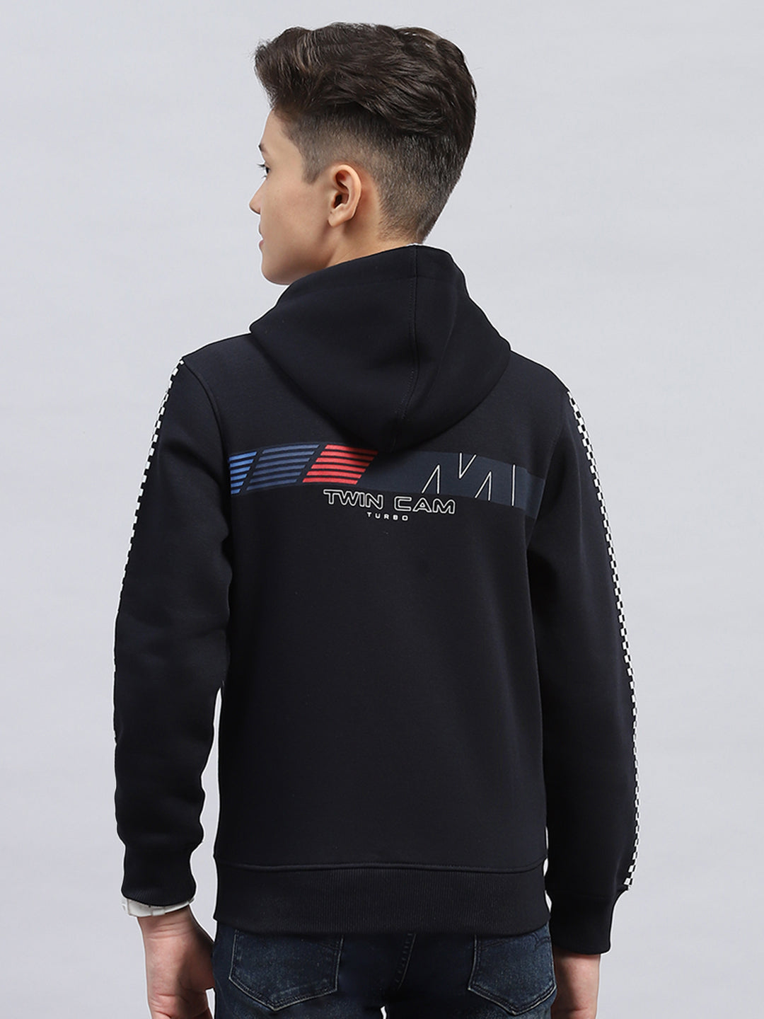 Boys Navy Blue Printed Hooded Full Sleeve Sweatshirt