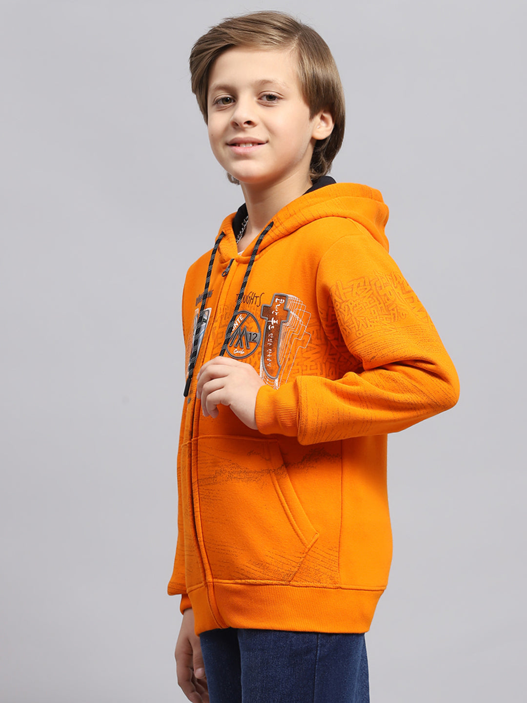 Boys Orange Printed Hooded Full Sleeve Sweatshirt