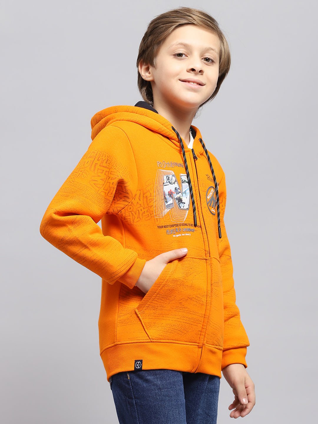 Boys Orange Printed Hooded Full Sleeve Sweatshirt