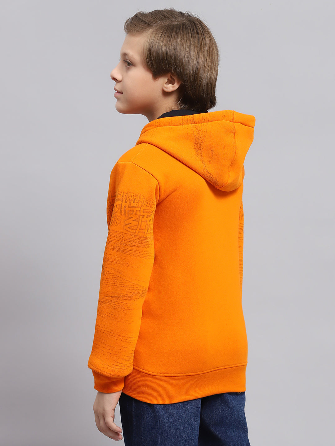 Boys Orange Printed Hooded Full Sleeve Sweatshirt