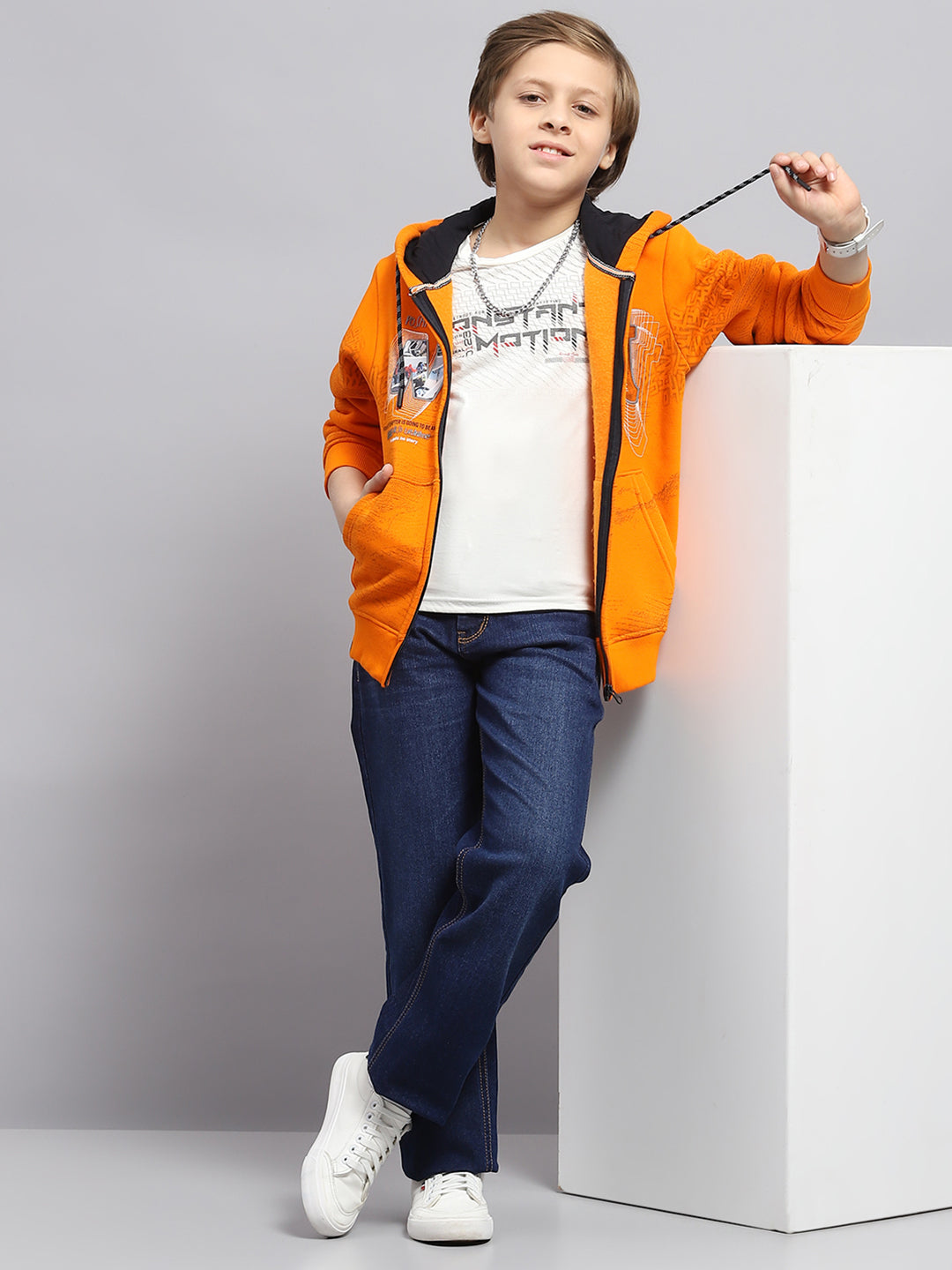 Boys Orange Printed Hooded Full Sleeve Sweatshirt