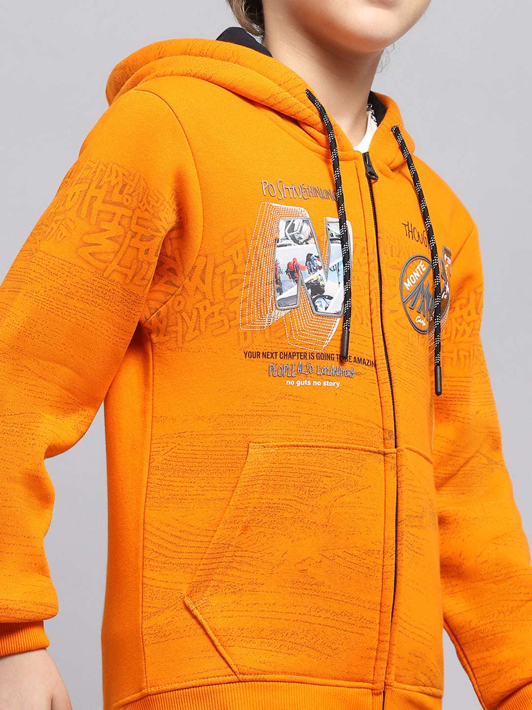 Boys Orange Printed Hooded Full Sleeve Sweatshirt