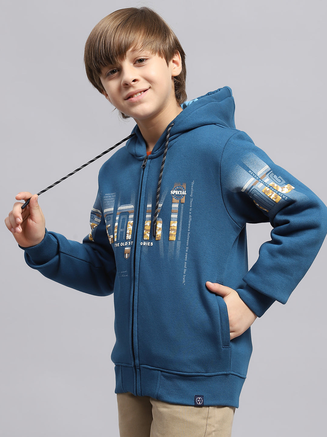 Boys Blue Printed Hooded Full Sleeve Sweatshirt