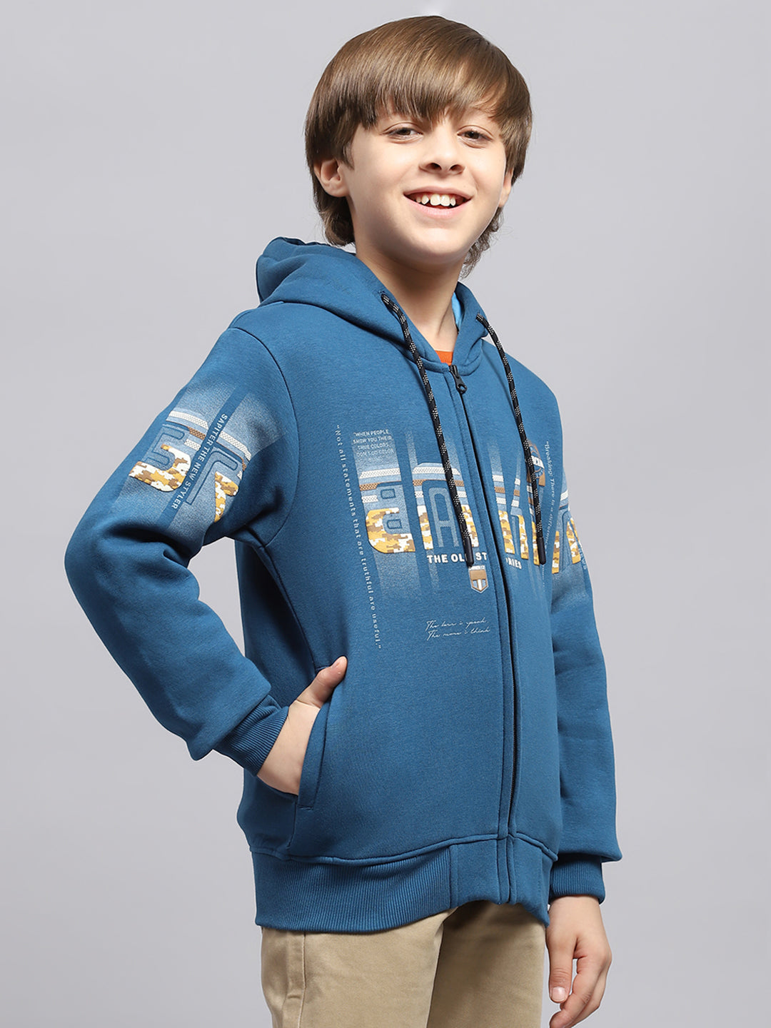 Boys Blue Printed Hooded Full Sleeve Sweatshirt