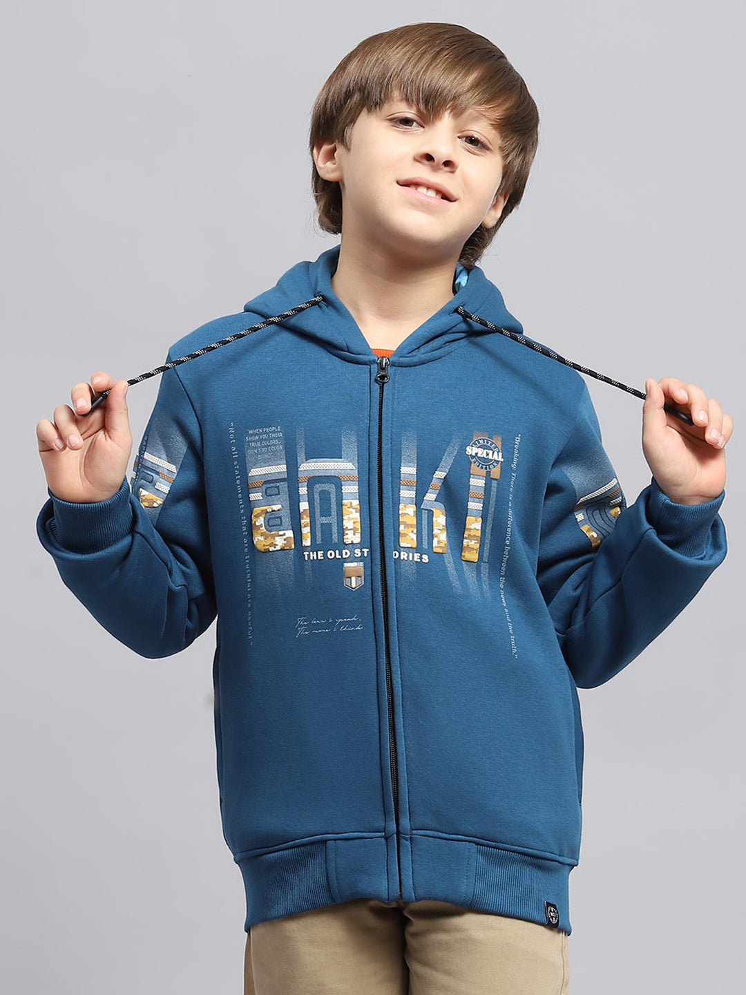 Boys Blue Printed Hooded Full Sleeve Sweatshirt