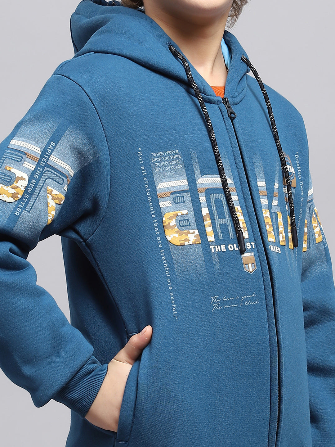 Boys Blue Printed Hooded Full Sleeve Sweatshirt