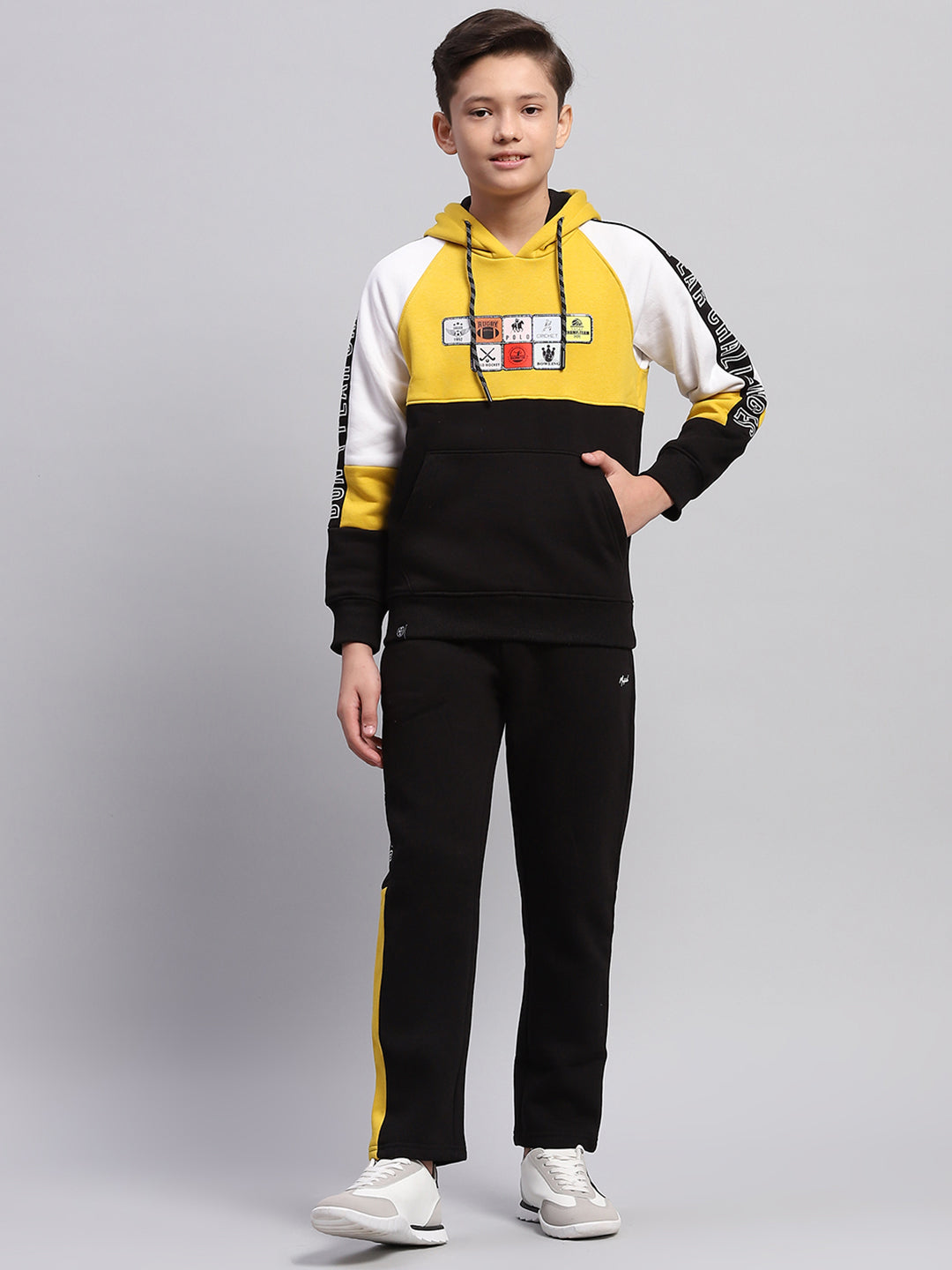 Boys Mustard & Black Printed Hooded Full Sleeve Tracksuit