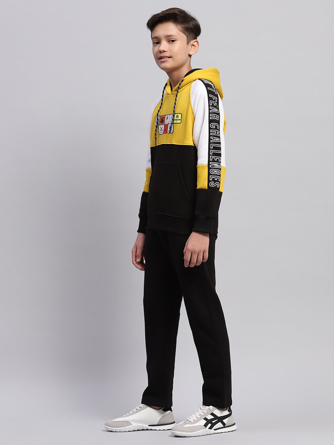 Boys Mustard & Black Printed Hooded Full Sleeve Tracksuit